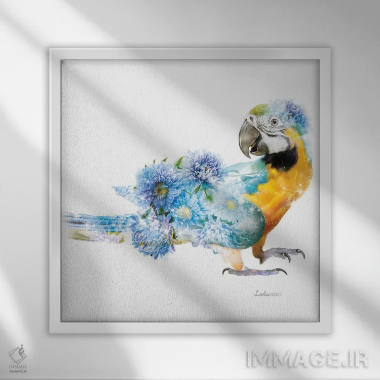 تابلو دکوراتیو طوطی گیاهی حیات وحش اثر لولا دیزاین - نمای قابدار سفید