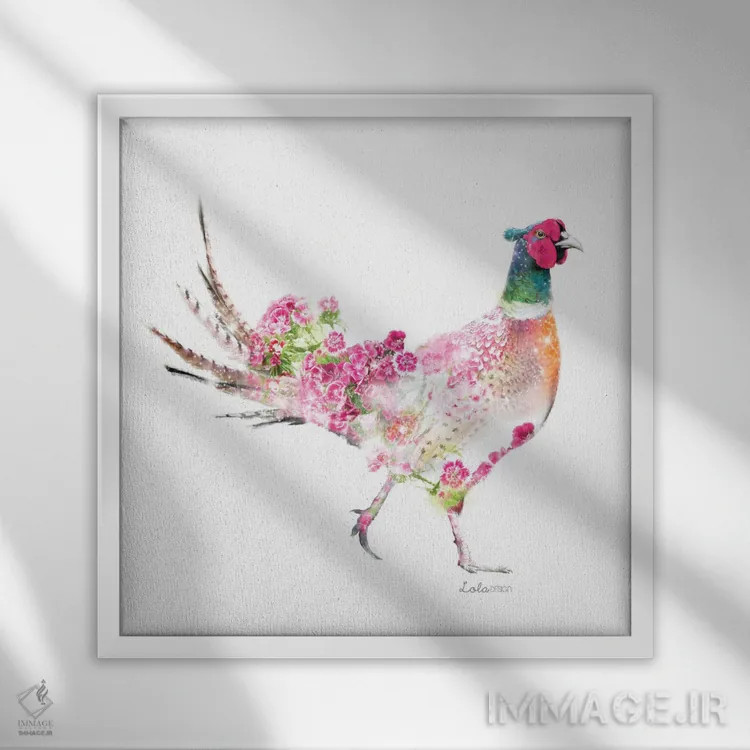 تابلو دکوراتیو قرقاول گیاهی حیات وحش اثر لولا دیزاین - نمای قابدار سفید