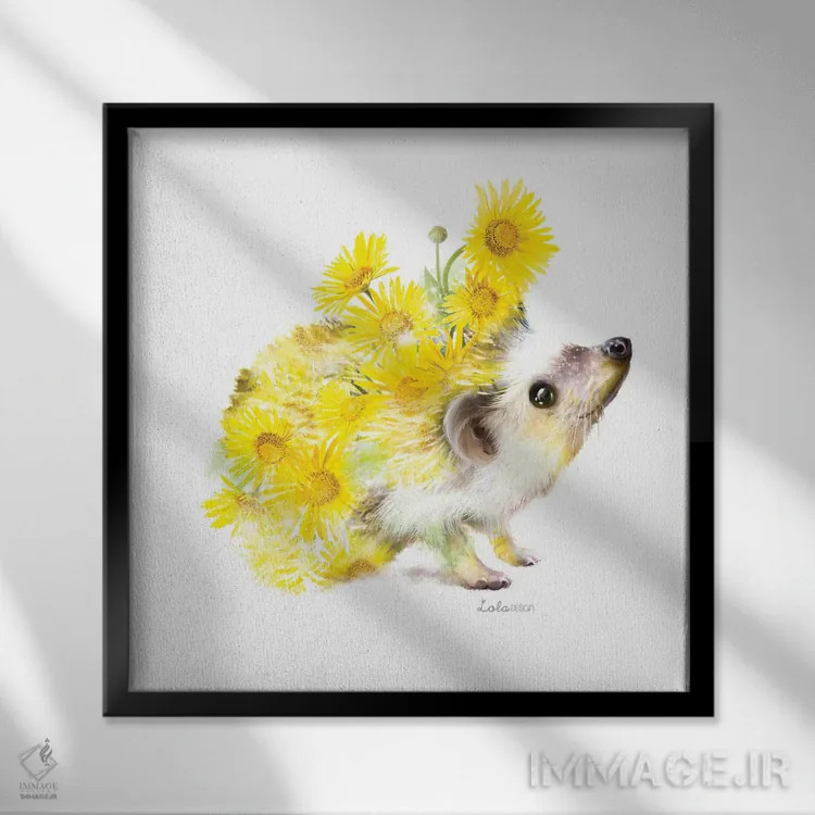 تابلو دکوراتیو جوجه تیغی گیاهی حیات وحش اثر لولا دیزاین - نمای قابدار مشکی