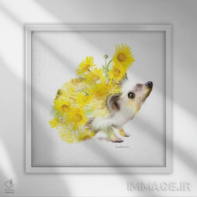 تابلو دکوراتیو جوجه تیغی گیاهی حیات وحش اثر لولا دیزاین - نمای قابدار سفید