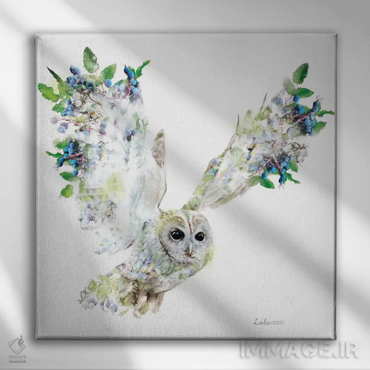 تابلو دکوراتیو جغد گیاهی حیات وحش اثر لولا دیزاین - نمای روبهرو روی دیوار