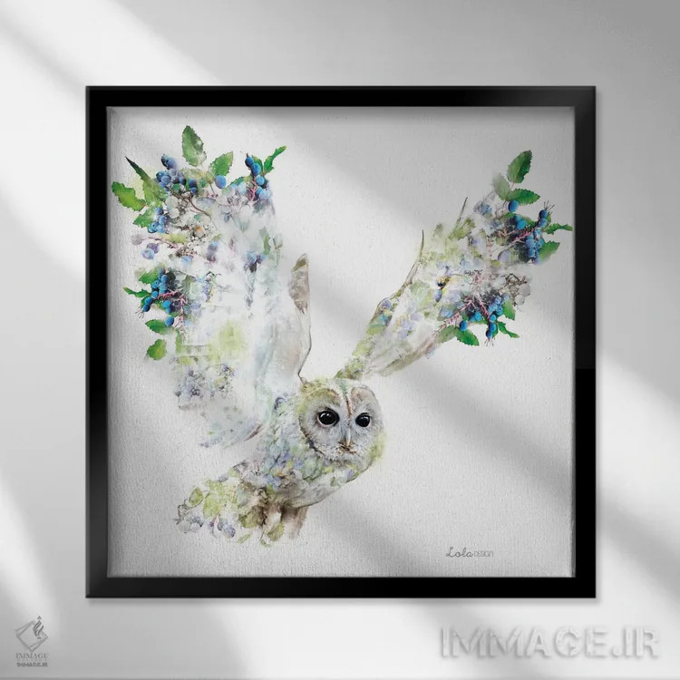 تابلو دکوراتیو جغد گیاهی حیات وحش اثر لولا دیزاین - نمای قابدار مشکی