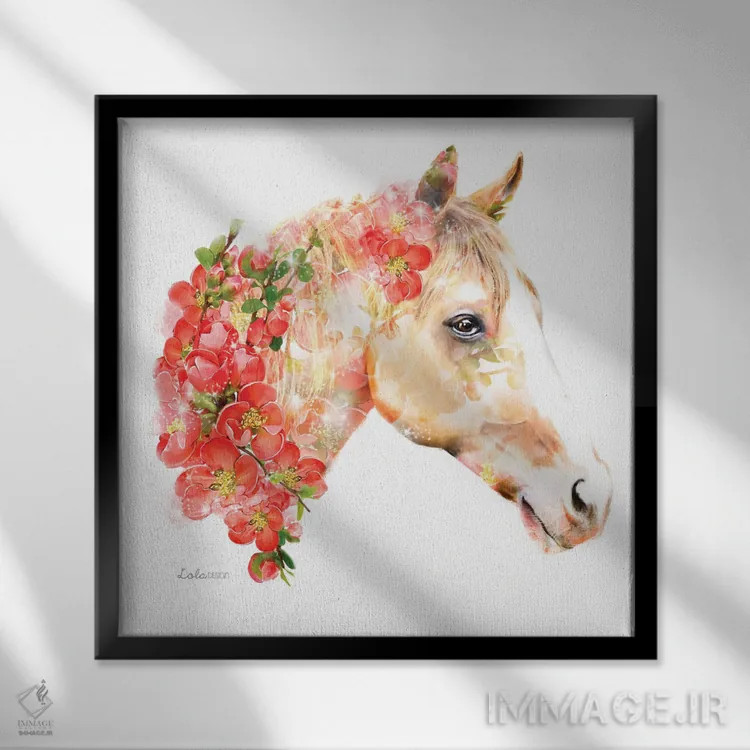 تابلو دکوراتیو اسب گیاهی حیات وحش اثر لولا دیزاین - نمای قابدار مشکی