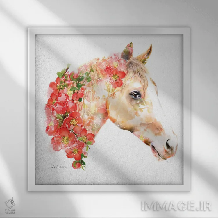 تابلو دکوراتیو اسب گیاهی حیات وحش اثر لولا دیزاین - نمای قابدار سفید