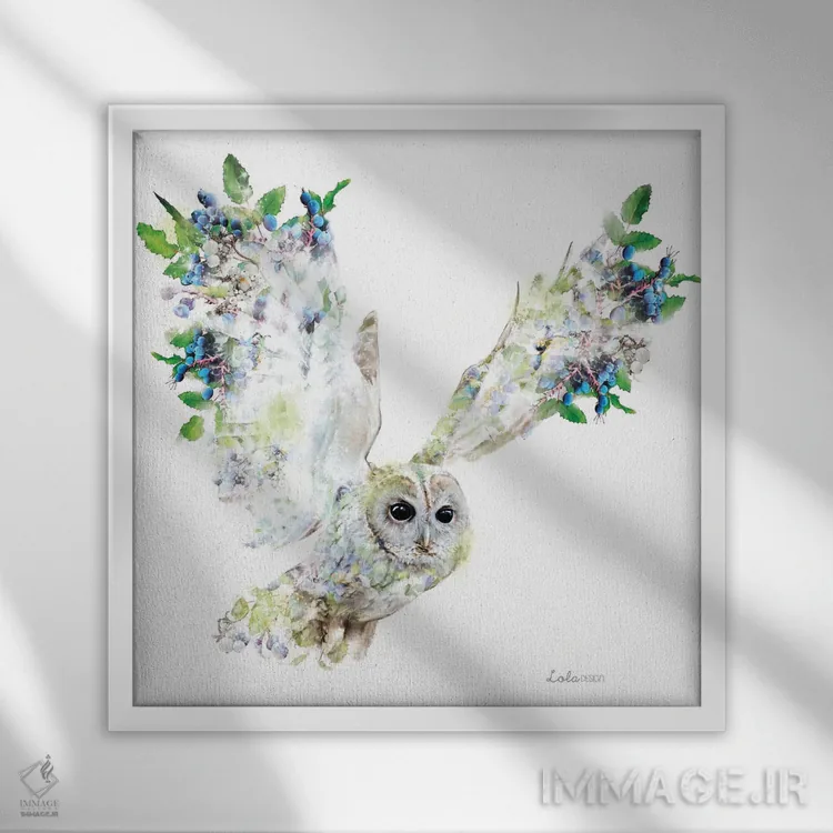تابلو دکوراتیو جغد گیاهی حیات وحش اثر لولا دیزاین - نمای قابدار سفید