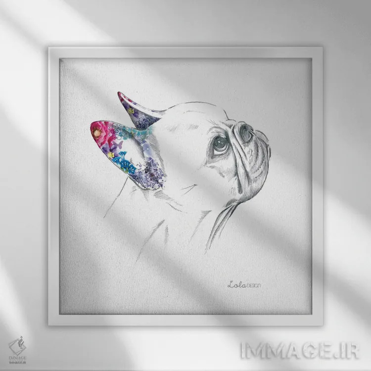 تابلو دکوراتیو پرتره سگ بولداگ فرانسوی اثر لولا دیزاین - نمای قابدار سفید