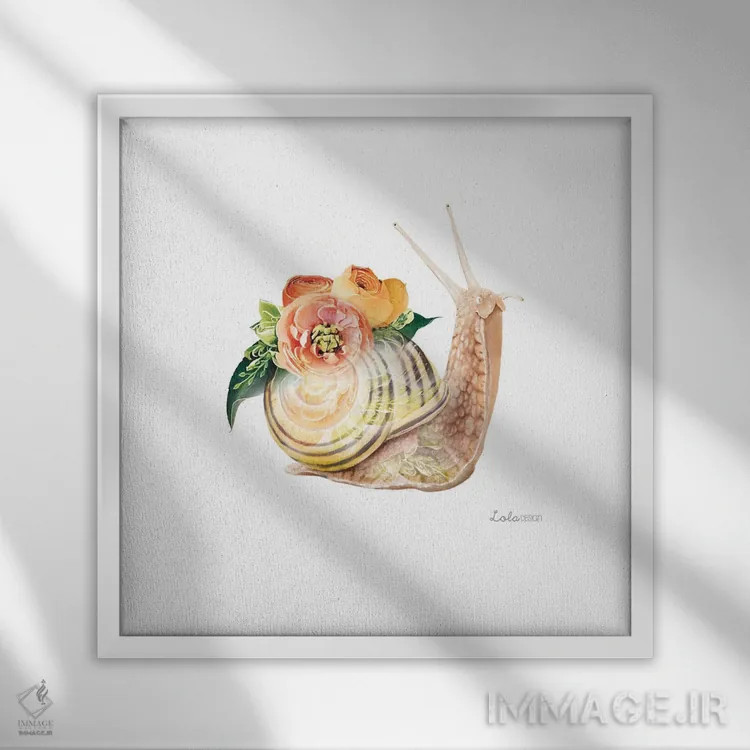 تابلو دکوراتیو حلزون گیاهی حیات وحش اثر لولا دیزاین - نمای قابدار سفید