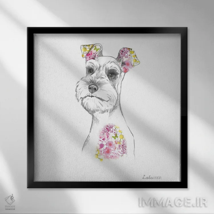 تابلو دکوراتیو پرتره سگ اشناوزر اثر لولا دیزاین - نمای قابدار مشکی