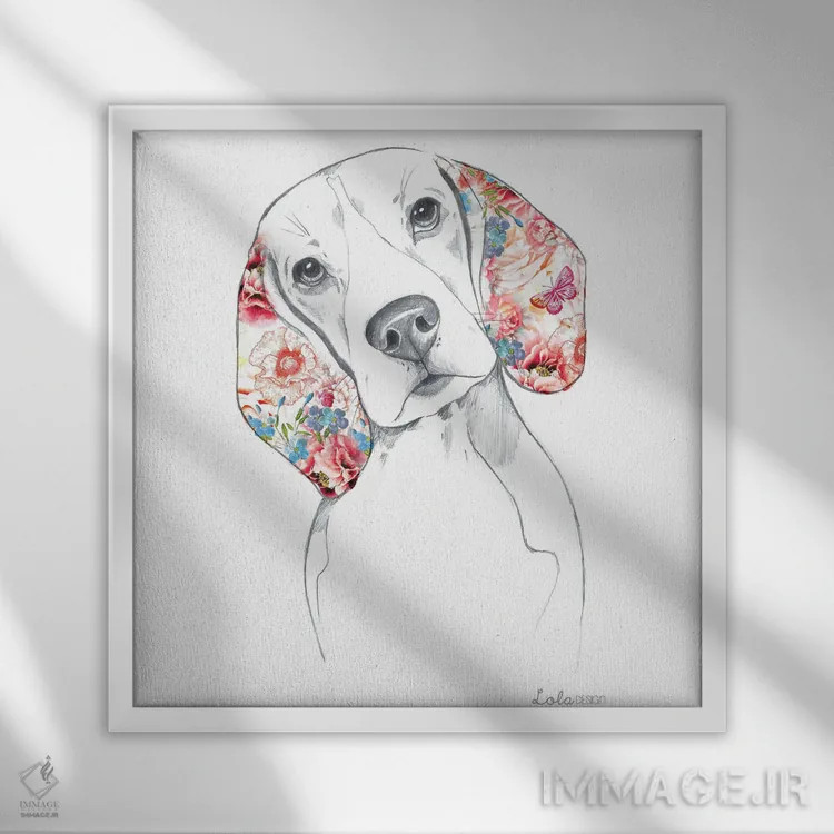 تابلو دکوراتیو پرتره سگ بیگل اثر لولا دیزاین - نمای قابدار سفید