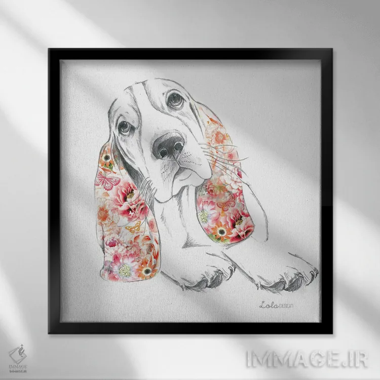 تابلو دکوراتیو پرتره سگ باست هوند اثر لولا دیزاین - نمای قابدار مشکی