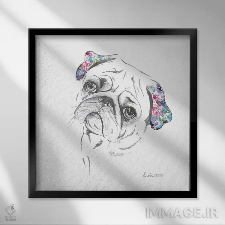 تابلو دکوراتیو پرتره سگ پاگ اثر لولا دیزاین - نمای قابدار مشکی