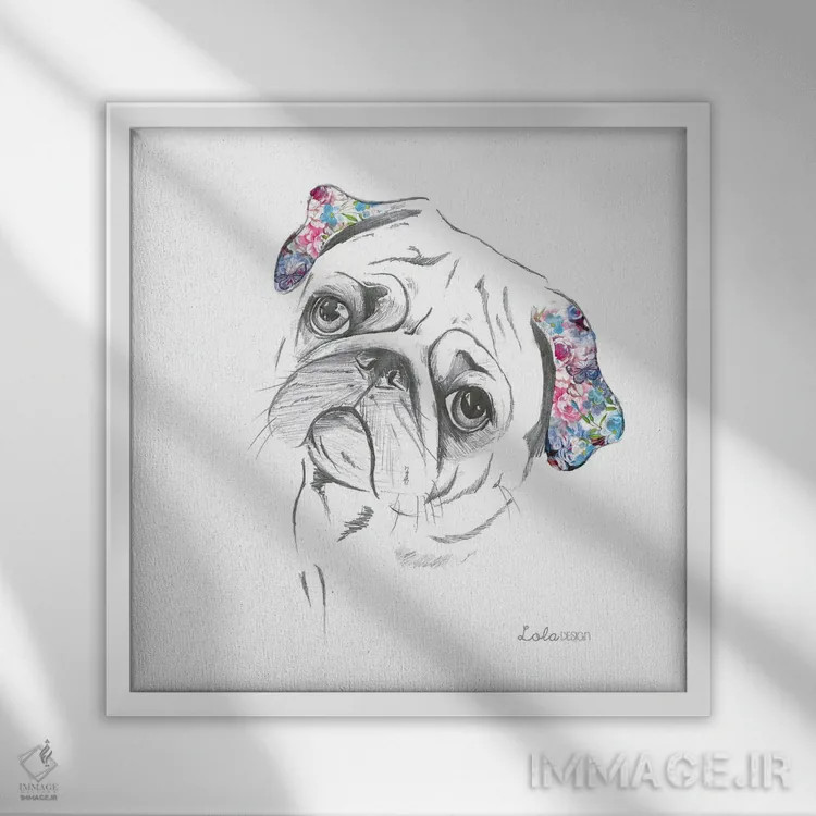 تابلو دکوراتیو پرتره سگ پاگ اثر لولا دیزاین - نمای قابدار سفید