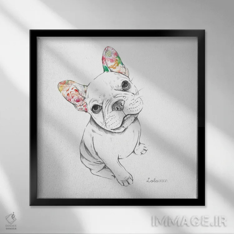 تابلو دکوراتیو پرتره سگ بولداگ فرانسوی نشسته اثر لولا دیزاین - نمای قابدار مشکی