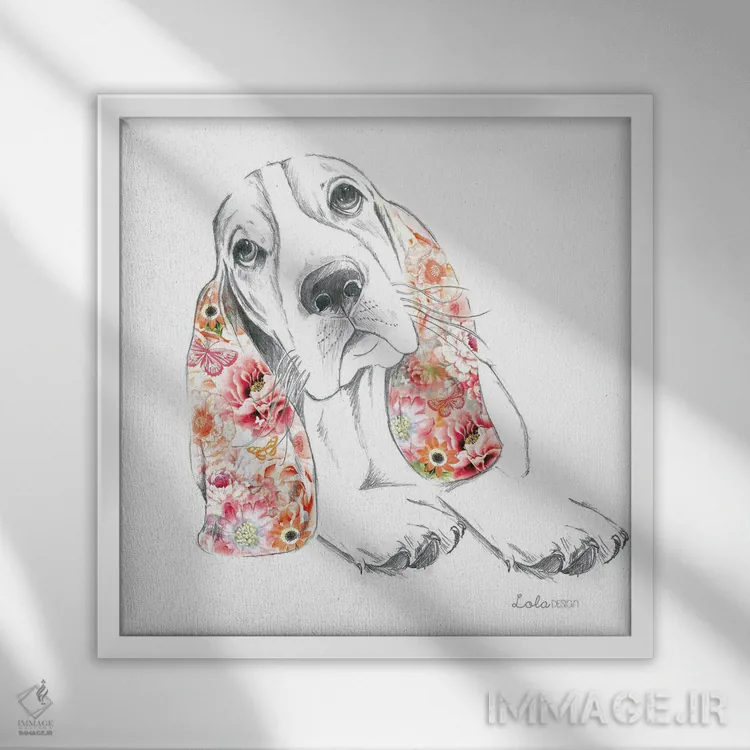 تابلو دکوراتیو پرتره سگ باست هوند اثر لولا دیزاین - نمای قابدار سفید