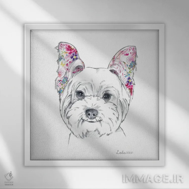 تابلو دکوراتیو پرتره سگ وستی اثر لولا دیزاین - نمای قابدار سفید
