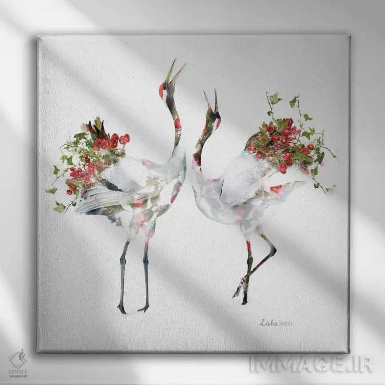 تابلو دکوراتیو درناهای ژاپنی با تم گیاهی و حیات وحش اثر لولا دیزاین - نمای روبهرو روی دیوار