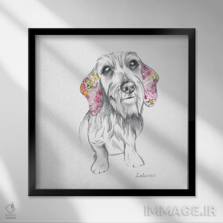 تابلو دکوراتیو پرتره سگ داشهوند مو سیمی اثر لولا دیزاین - نمای قابدار مشکی