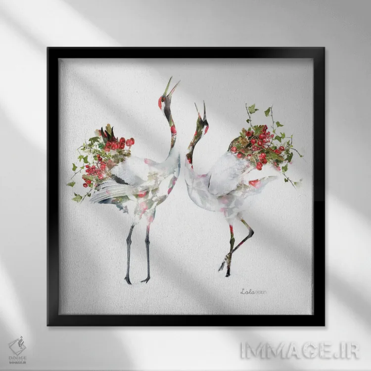 تابلو دکوراتیو درناهای ژاپنی با تم گیاهی و حیات وحش اثر لولا دیزاین - نمای قابدار مشکی