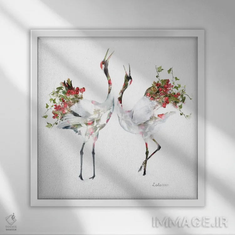 تابلو دکوراتیو درناهای ژاپنی با تم گیاهی و حیات وحش اثر لولا دیزاین - نمای قابدار سفید