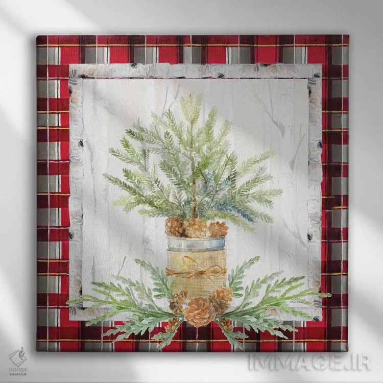 تابلو دکوراتیو "شاخه تعطیلات روی پارچه چهارخانه I" اثر لینی لورث - نمای روبهرو روی دیوار