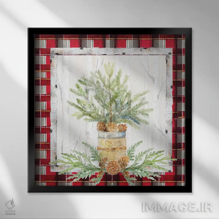 تابلو دکوراتیو "شاخه تعطیلات روی پارچه چهارخانه I" اثر لینی لورث - نمای قابدار مشکی