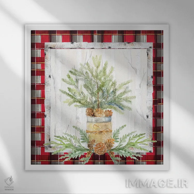 تابلو دکوراتیو "شاخه تعطیلات روی پارچه چهارخانه I" اثر لینی لورث - نمای قابدار سفید