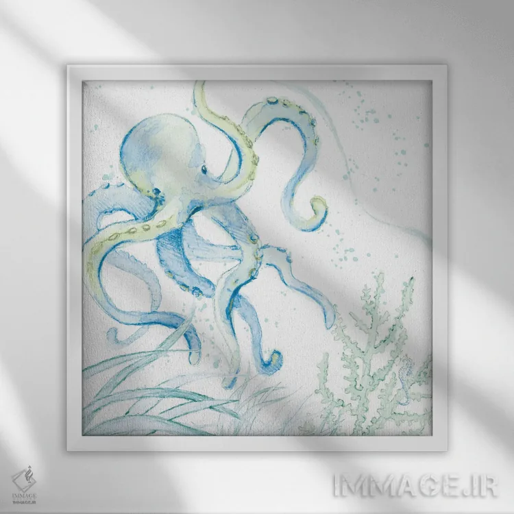 تابلو دکوراتیو "اختاپوس آبی" اثر لینی لورث - نمای قابدار سفید