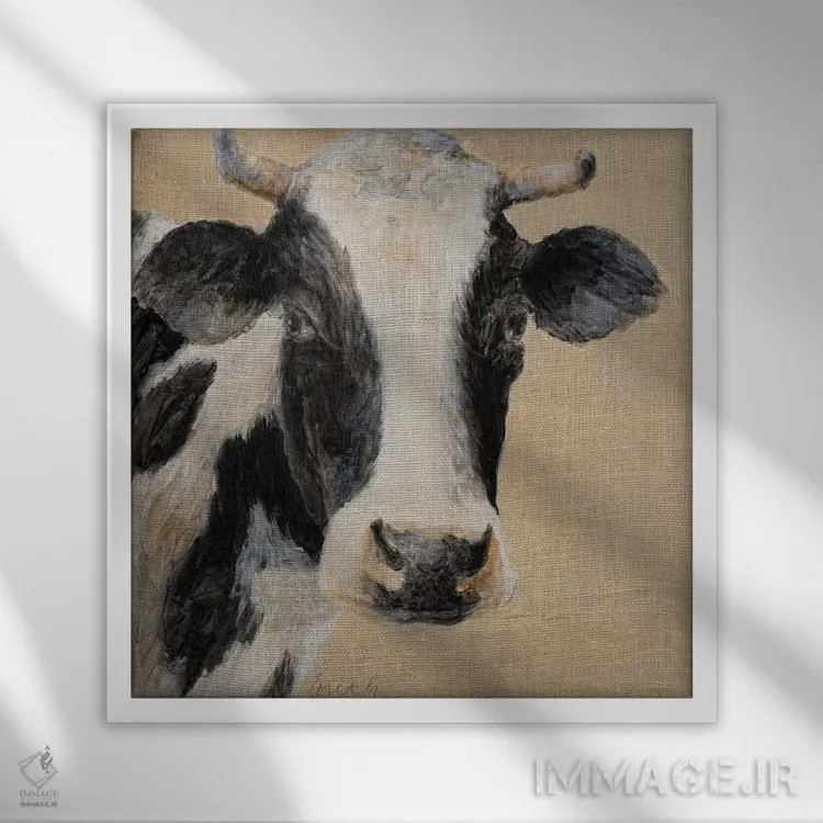 تابلو مدرن "گاو روی پارچه برلپ" اثر لینی لورث - نمای قابدار سفید