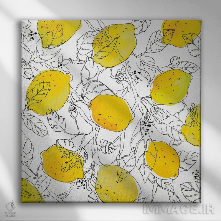 تابلو دکوراتیو "لیموها با برگ های قاب دار" اثر لینی لورث - نمای روبهرو روی دیوار