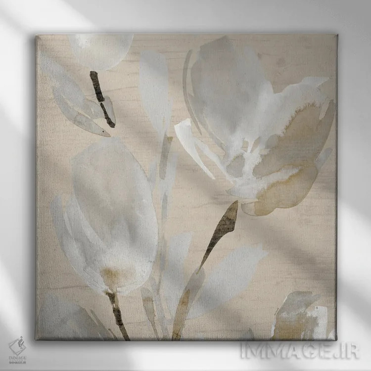 تابلو دکوراتیو "لاله های خنثی II" اثر لینی لورث - نمای روبهرو روی دیوار