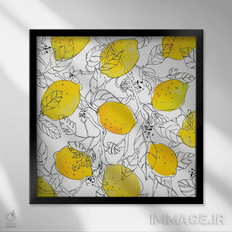 تابلو دکوراتیو "لیموها با برگ های قاب دار" اثر لینی لورث - نمای قابدار مشکی