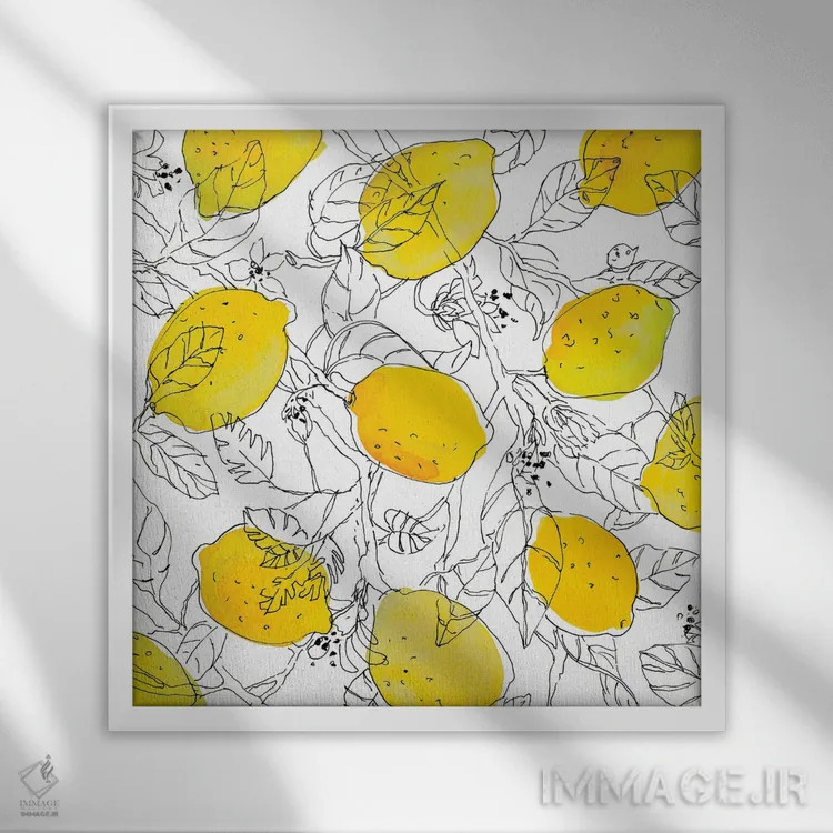 تابلو دکوراتیو "لیموها با برگ های قاب دار" اثر لینی لورث - نمای قابدار سفید