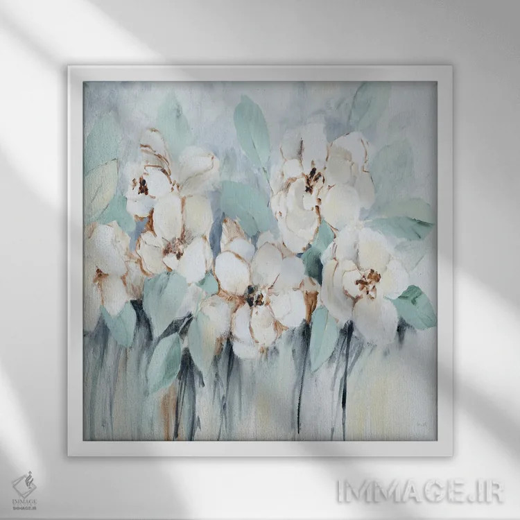 تابلو دکوراتیو "مربع گل های آبی مدرن" اثر لینی لورث - نمای قابدار سفید