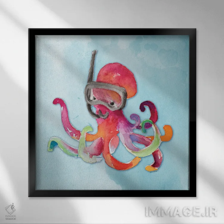 تابلو دکوراتیو "هشت پا در حال غواصی روی آبرنگ" اثر لینی لورث - نمای قابدار مشکی