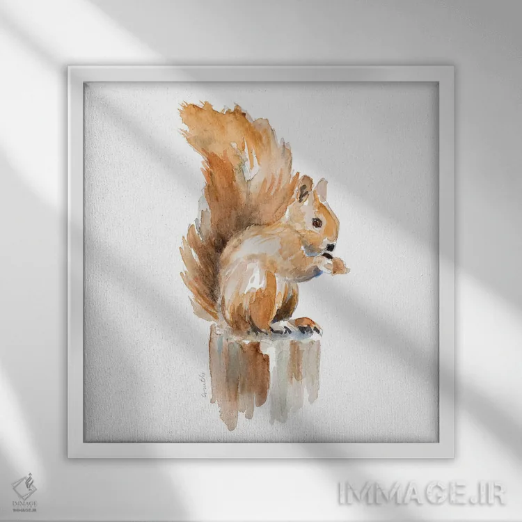 تابلو دکوراتیو "سنجاب روی آبرنگ" اثر لینی لورث - نمای قابدار سفید