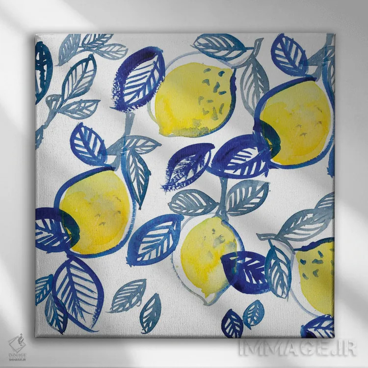 تابلو مینیمال "آمیختن لیموها و برگ ها" اثر لینی لورث - نمای روبهرو روی دیوار