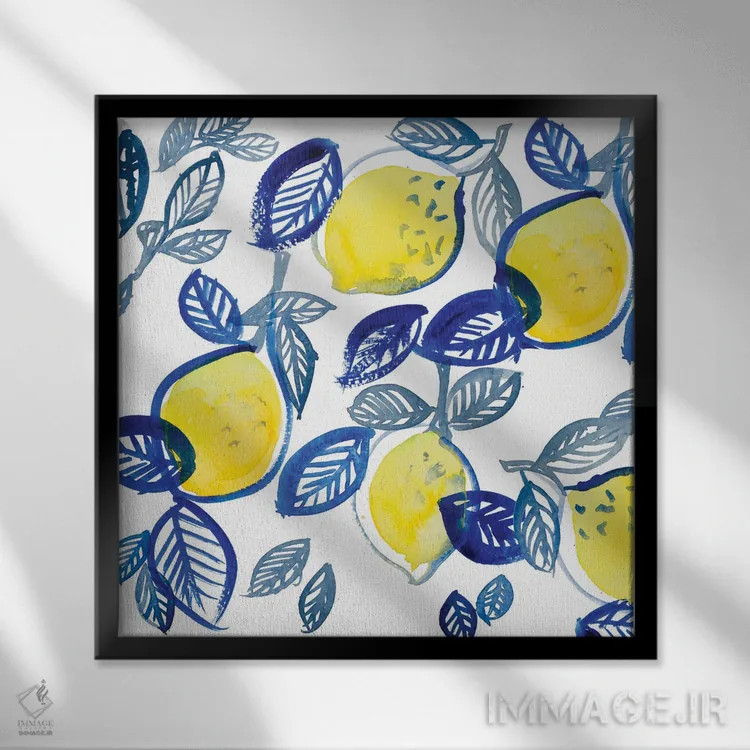 تابلو مینیمال "آمیختن لیموها و برگ ها" اثر لینی لورث - نمای قابدار مشکی