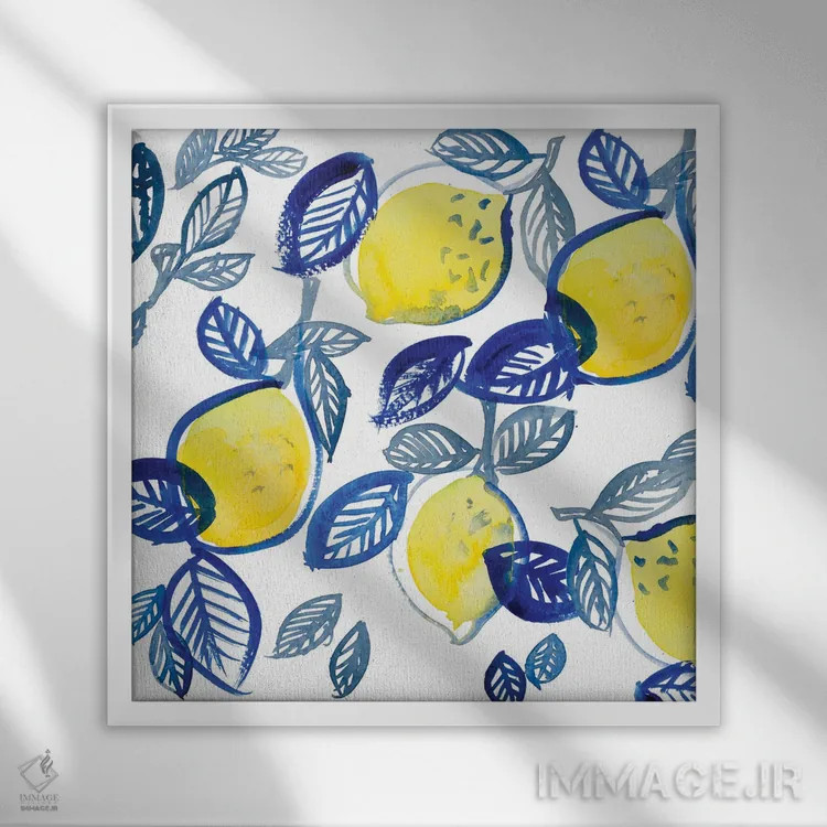 تابلو مینیمال "آمیختن لیموها و برگ ها" اثر لینی لورث - نمای قابدار سفید