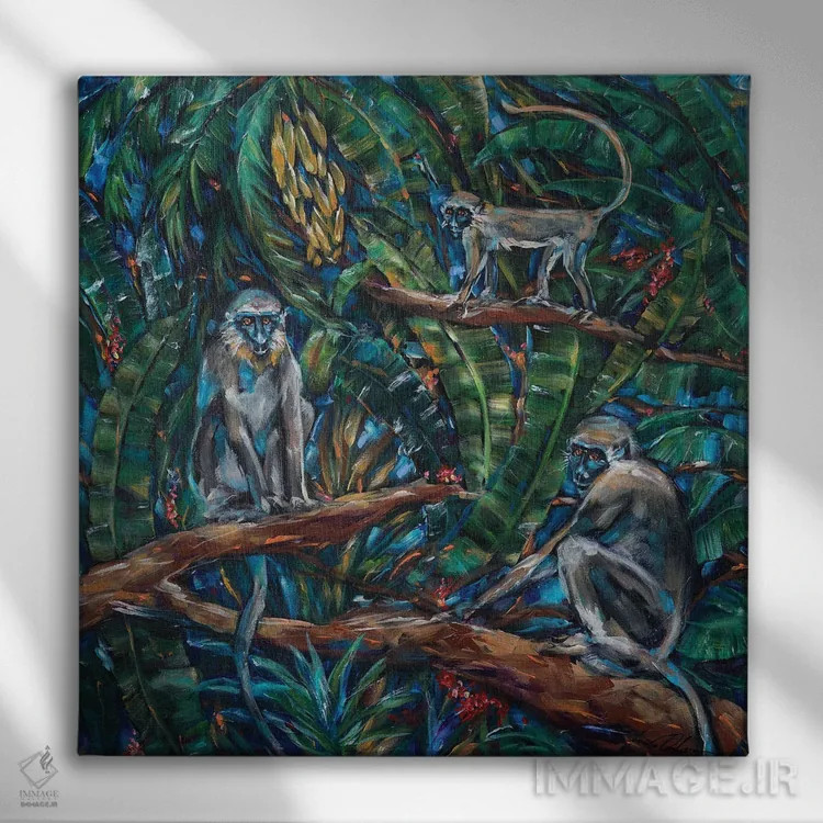 تابلو دکوراتیو "سه میمون سبز" اثر لیندا اولسن - نمای روبهرو روی دیوار