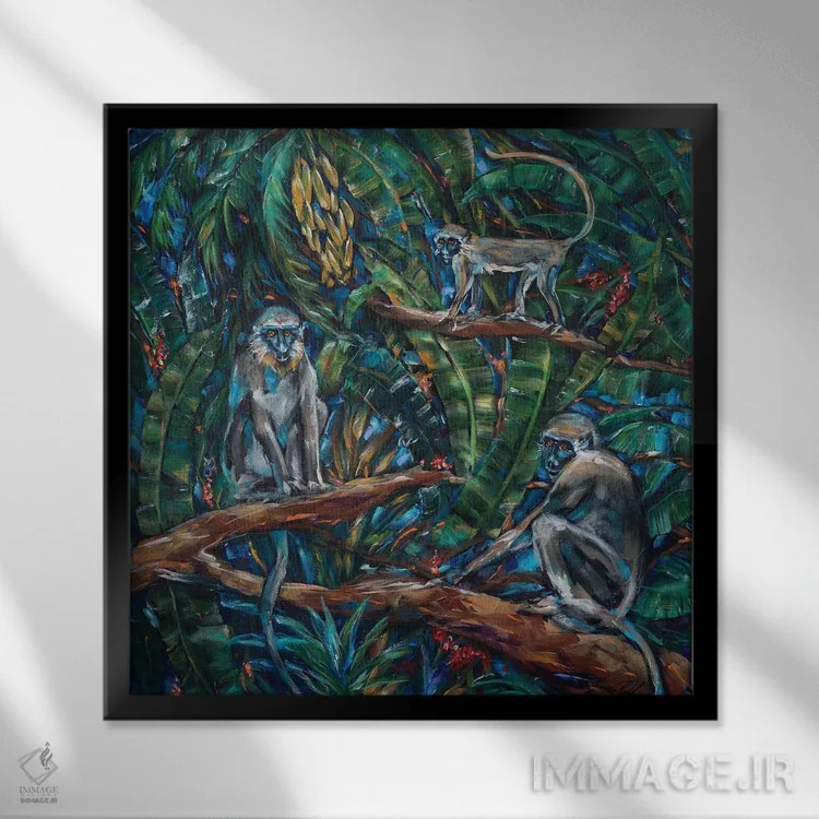 تابلو دکوراتیو "سه میمون سبز" اثر لیندا اولسن - نمای قابدار مشکی