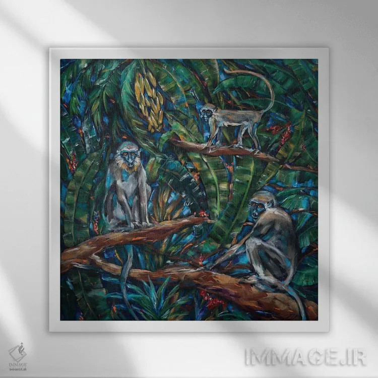 تابلو دکوراتیو "سه میمون سبز" اثر لیندا اولسن - نمای قابدار سفید