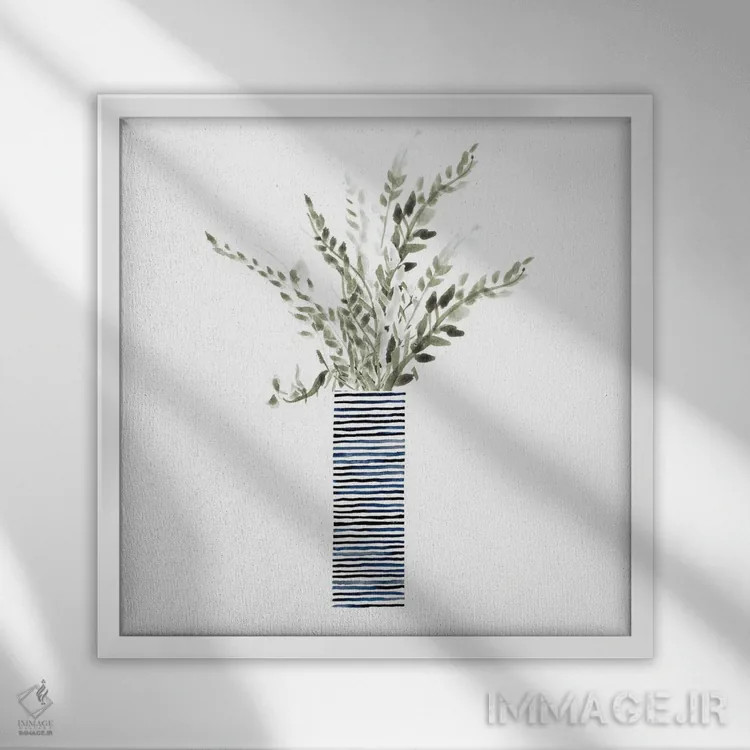 تابلو مینیمال "گلدان بلند آبی با بافت" اثر لینی لورث - نمای قابدار سفید