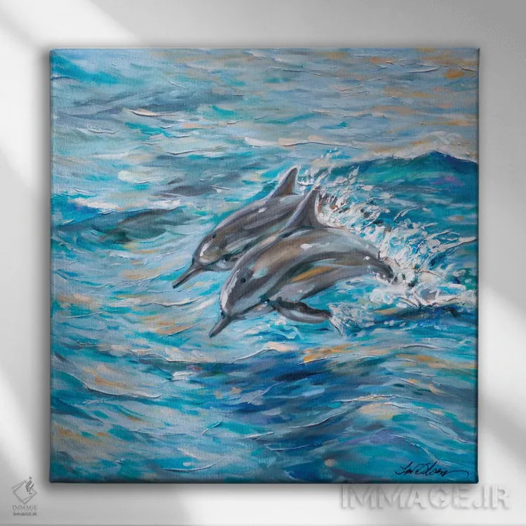 تابلو دکوراتیو "شیرجه دلفین ها" اثر لیندا اولسن - نمای روبهرو روی دیوار