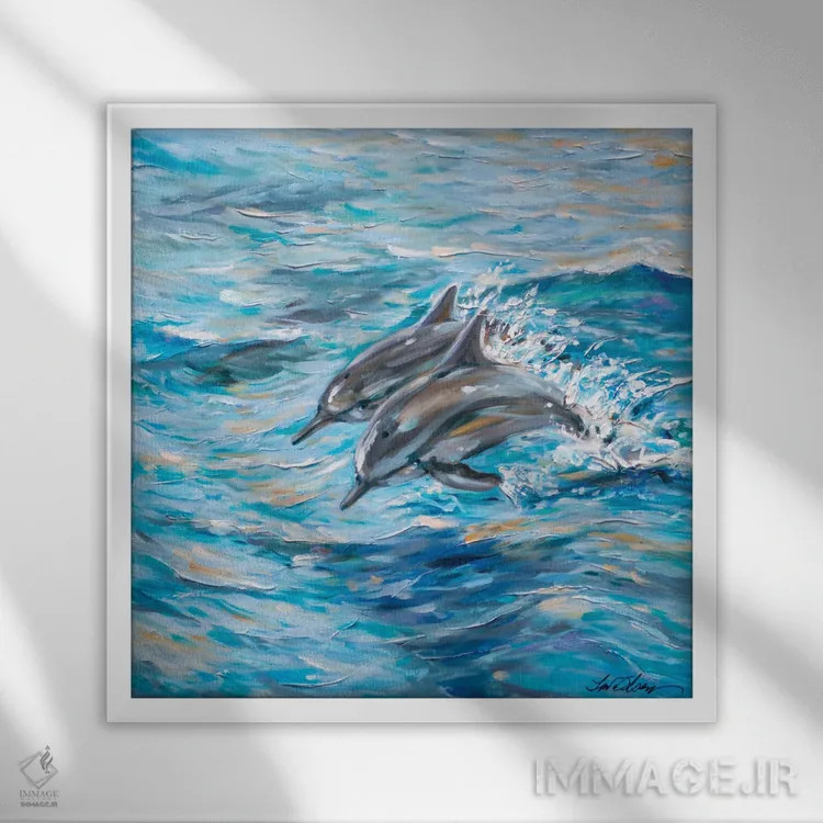 تابلو دکوراتیو "شیرجه دلفین ها" اثر لیندا اولسن - نمای قابدار سفید