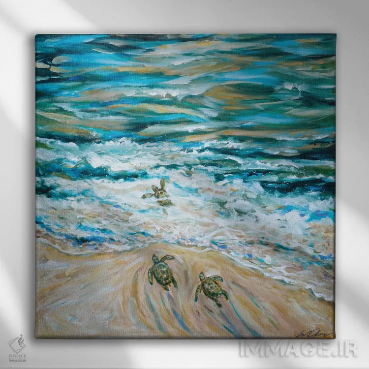 تابلو دکوراتیو "اولین شیرجه لاک پشت های دریایی کوچک" اثر لیندا اولسن - نمای روبهرو روی دیوار