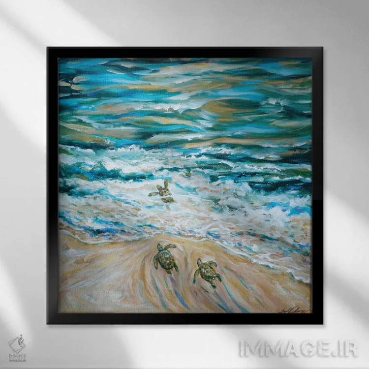 تابلو دکوراتیو "اولین شیرجه لاک پشت های دریایی کوچک" اثر لیندا اولسن - نمای قابدار مشکی