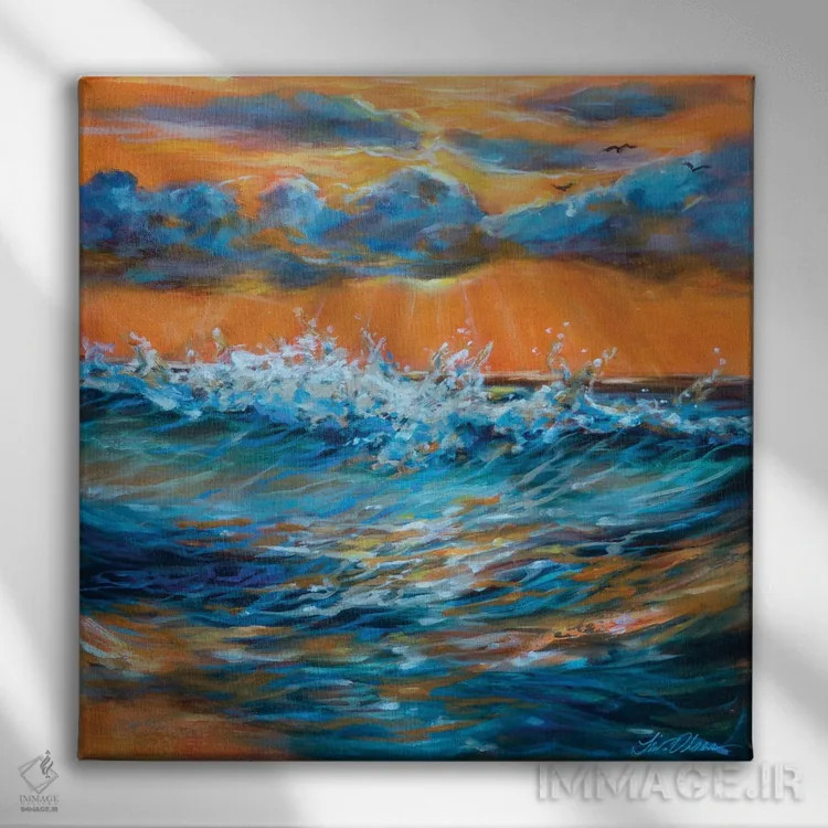 تابلو انتزاعی طلوع نارنجی اثر لیندا اولسن - نمای روبهرو روی دیوار