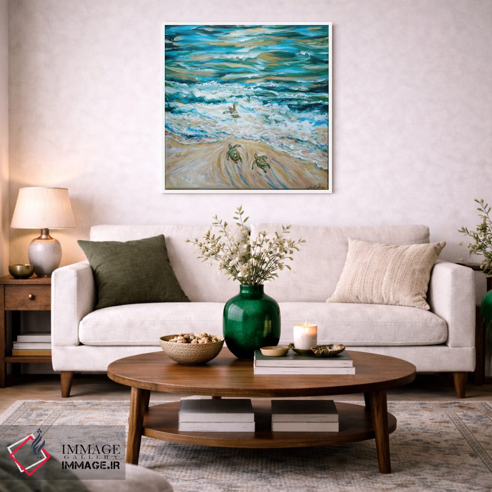 تابلو دکوراتیو "اولین شیرجه لاک پشت های دریایی کوچک" اثر لیندا اولسن - D3W