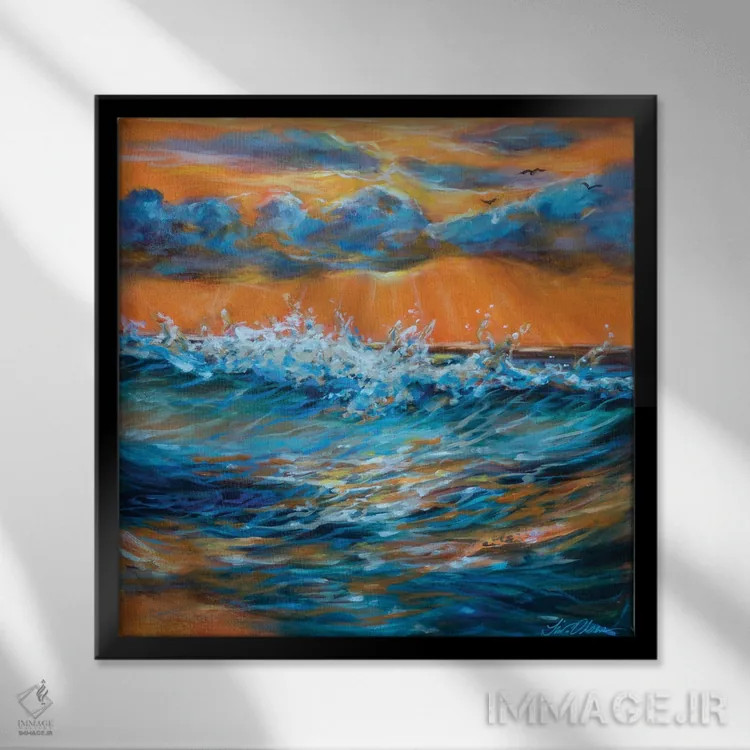 تابلو انتزاعی طلوع نارنجی اثر لیندا اولسن - نمای قابدار مشکی