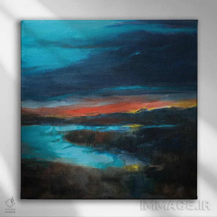 تابلو انتزاعی غروب در مرداب نمکی اثر لیندا اولسن - نمای روبهرو روی دیوار